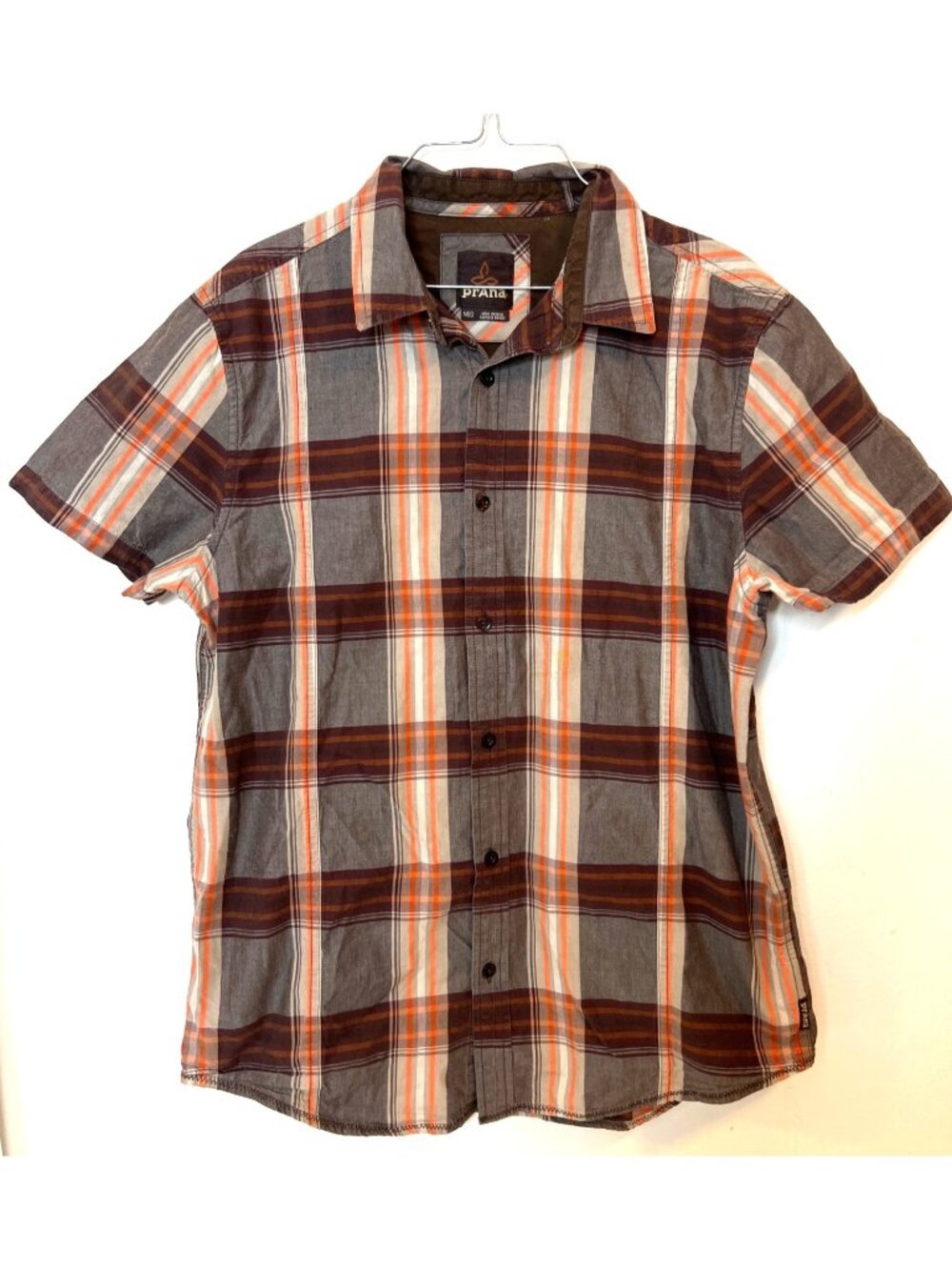 PrAna Shirt Mens Medium Brown Orange Plaid Short Sleeve Button Front Casual